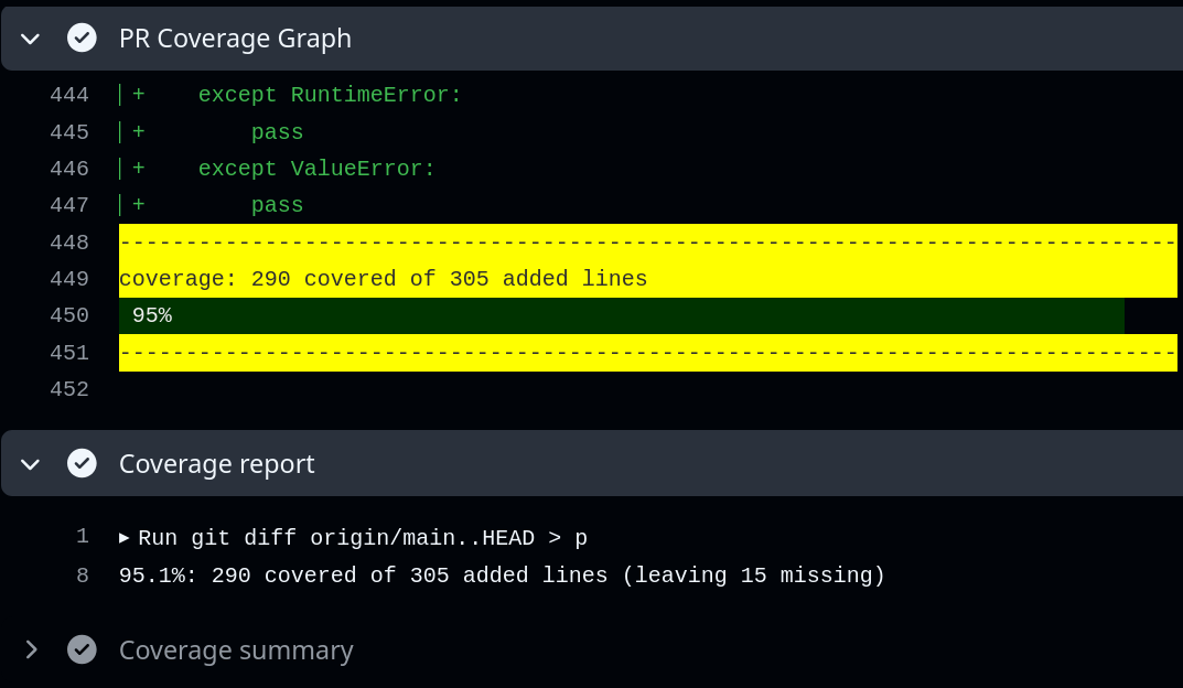 Part of a web browser showing the results of a pull-request run, with ANSI coloured cuv-ner terminal output