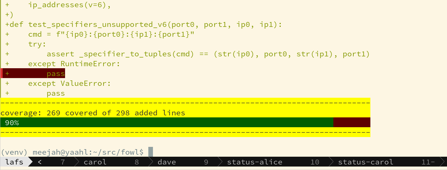 Part of a terminal, showing a diff that at least one added line is coloured red because it was not covered by a unit-test